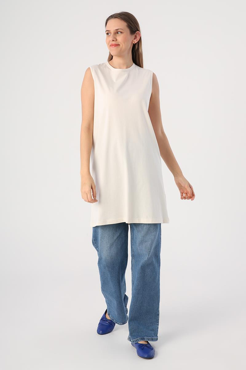 Açık Bej-Basic Kolsuz Tunik
