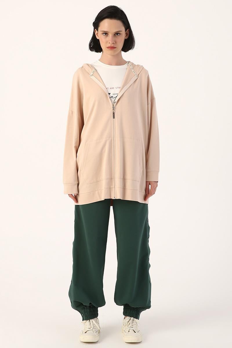 Açık Bej-Kapüşonlu Sweat Hırka