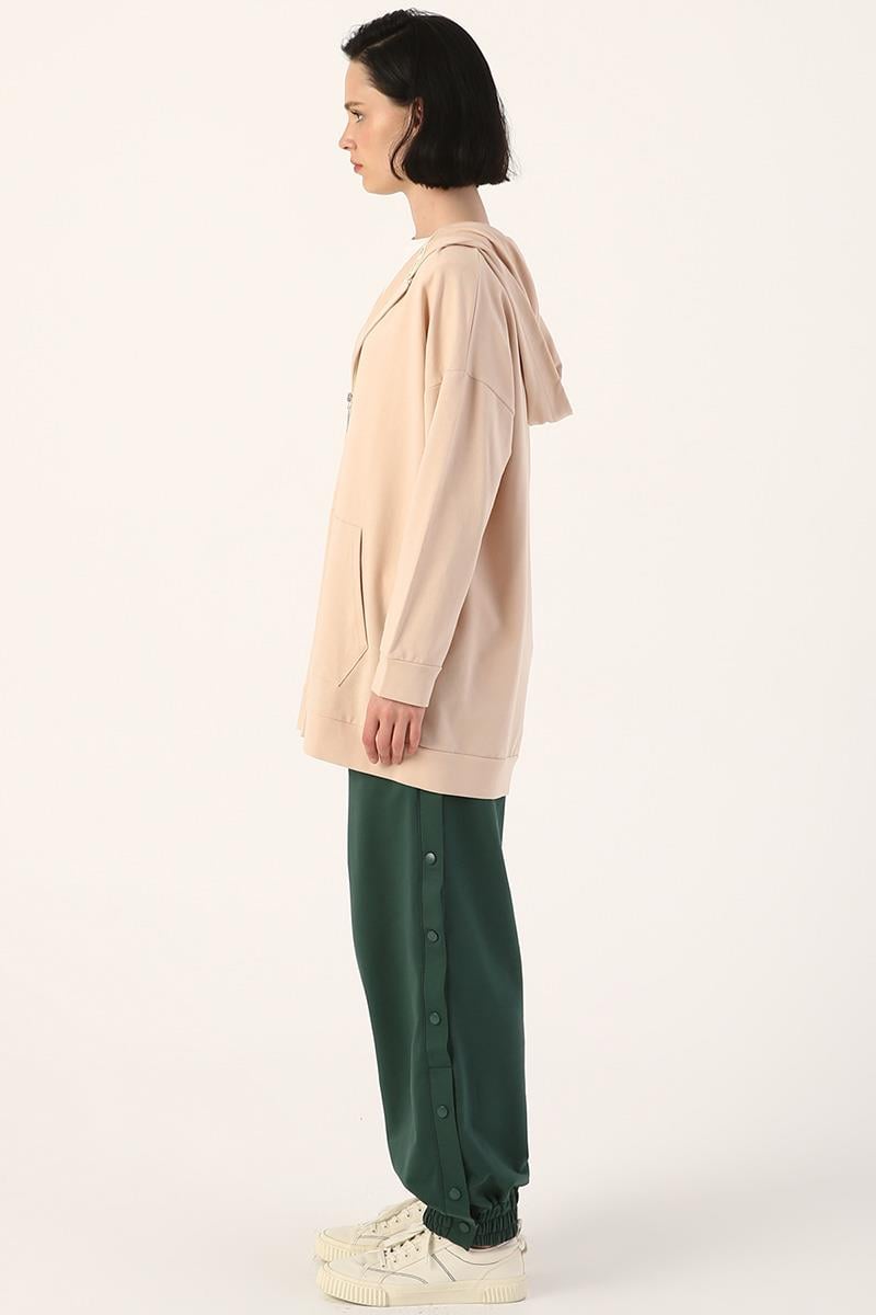 Açık Bej-Kapüşonlu Sweat Hırka