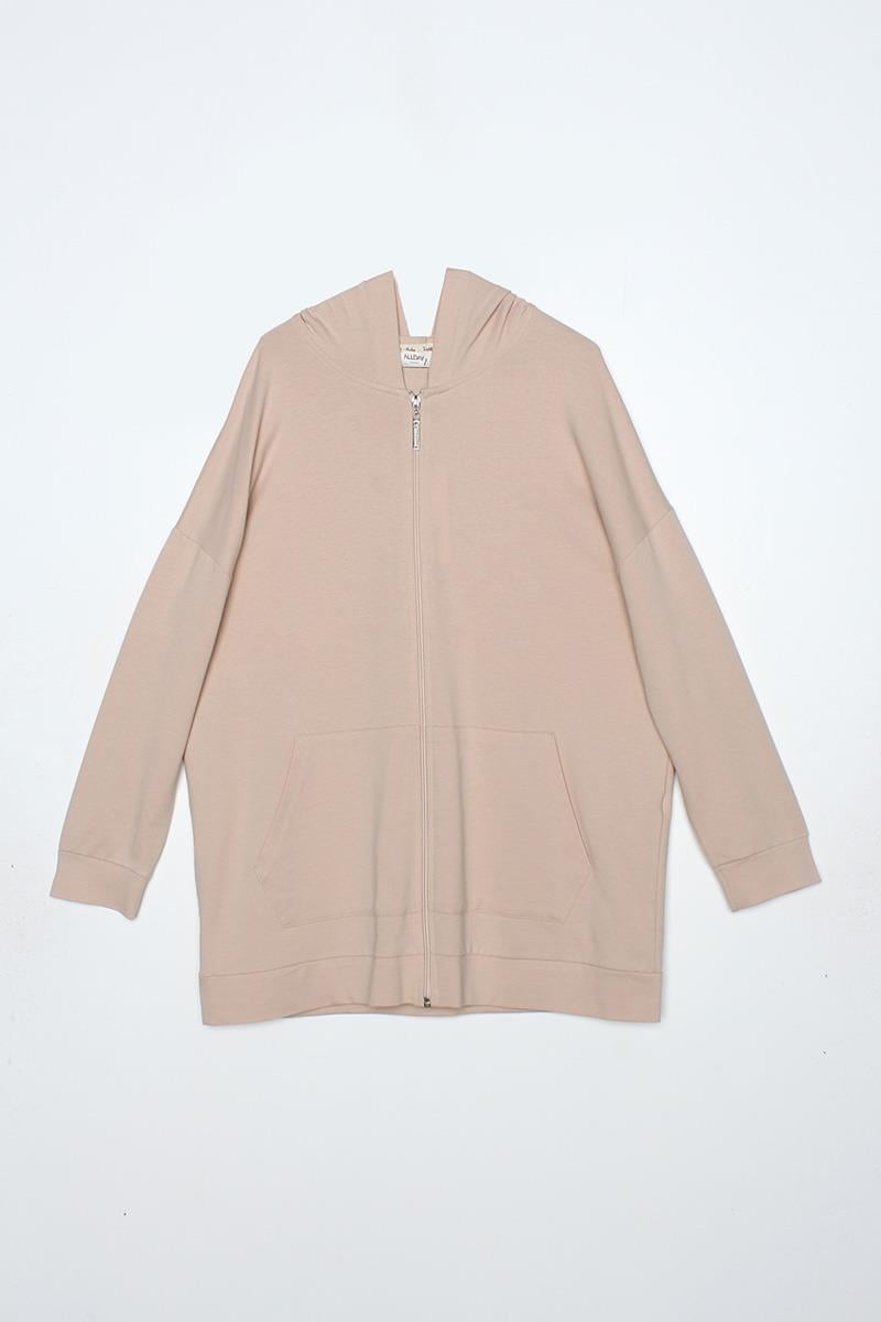 Açık Bej-Kapüşonlu Sweat Hırka