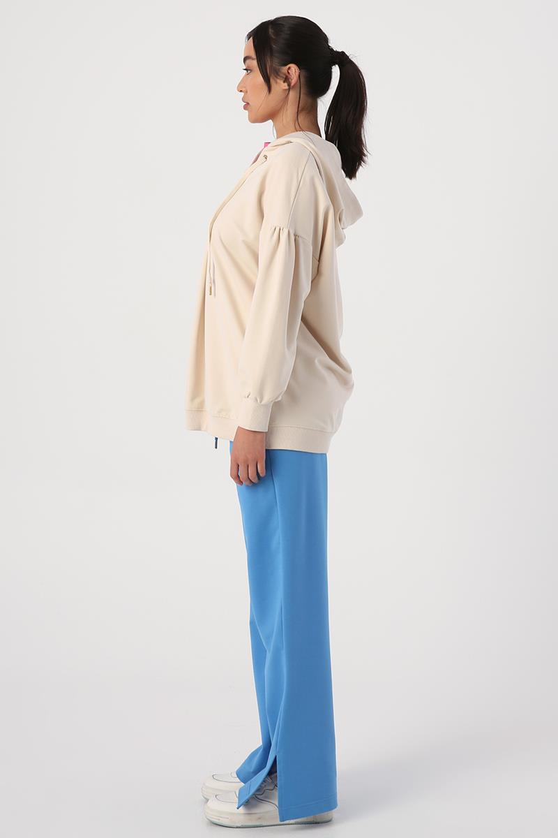 Açık Bej-Oversize Kapüşonlu Yaka Detaylı Sweatshirt