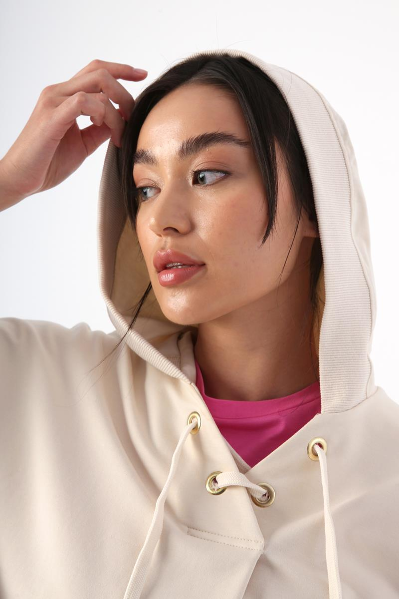 Açık Bej-Oversize Kapüşonlu Yaka Detaylı Sweatshirt