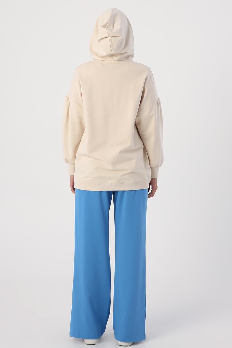 Açık Bej-Oversize Kapüşonlu Yaka Detaylı Sweatshirt