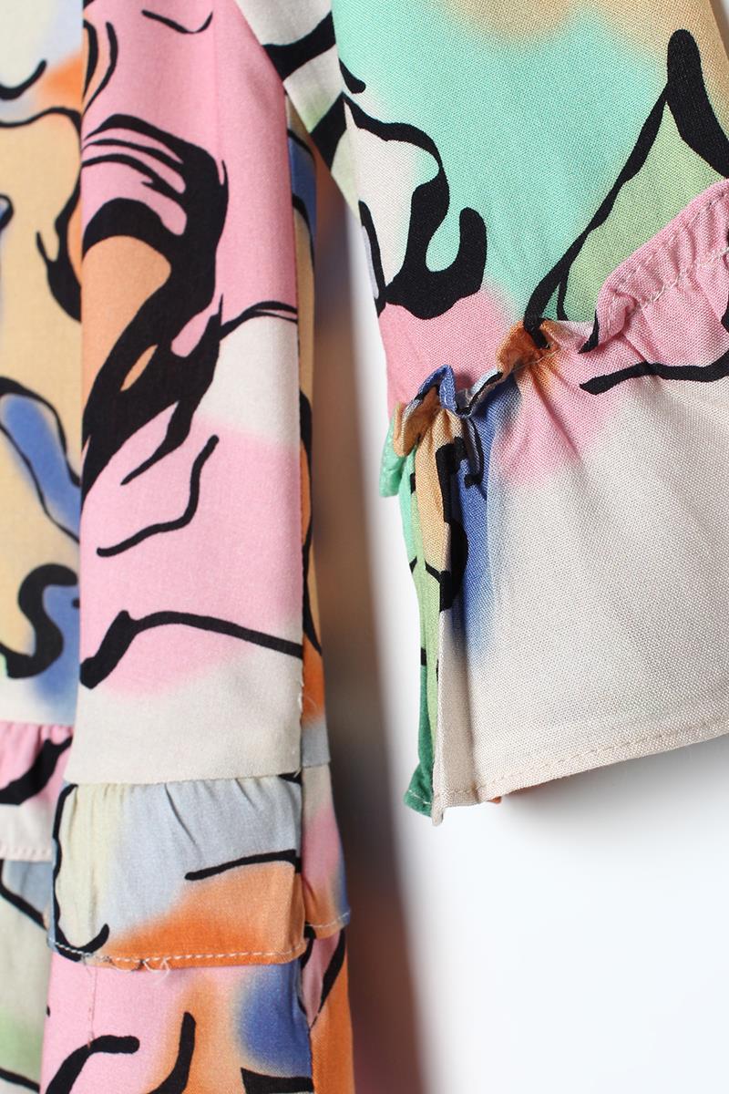 Tunique en Viscose à Motif Beige-Rose Clair avec Manches à Col Froufrou et Fermeture à Glissière sur la Jupe