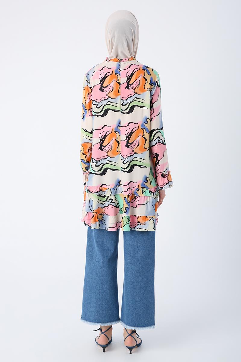 Tunique en Viscose à Motif Beige-Rose Clair avec Manches à Col Froufrou et Fermeture à Glissière sur la Jupe