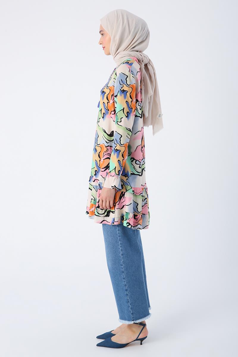 Tunique en Viscose à Motif Beige-Rose Clair avec Manches à Col Froufrou et Fermeture à Glissière sur la Jupe