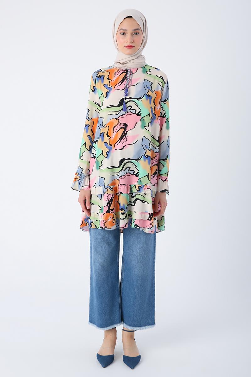 Tunique en Viscose à Motif Beige-Rose Clair avec Manches à Col Froufrou et Fermeture à Glissière sur la Jupe