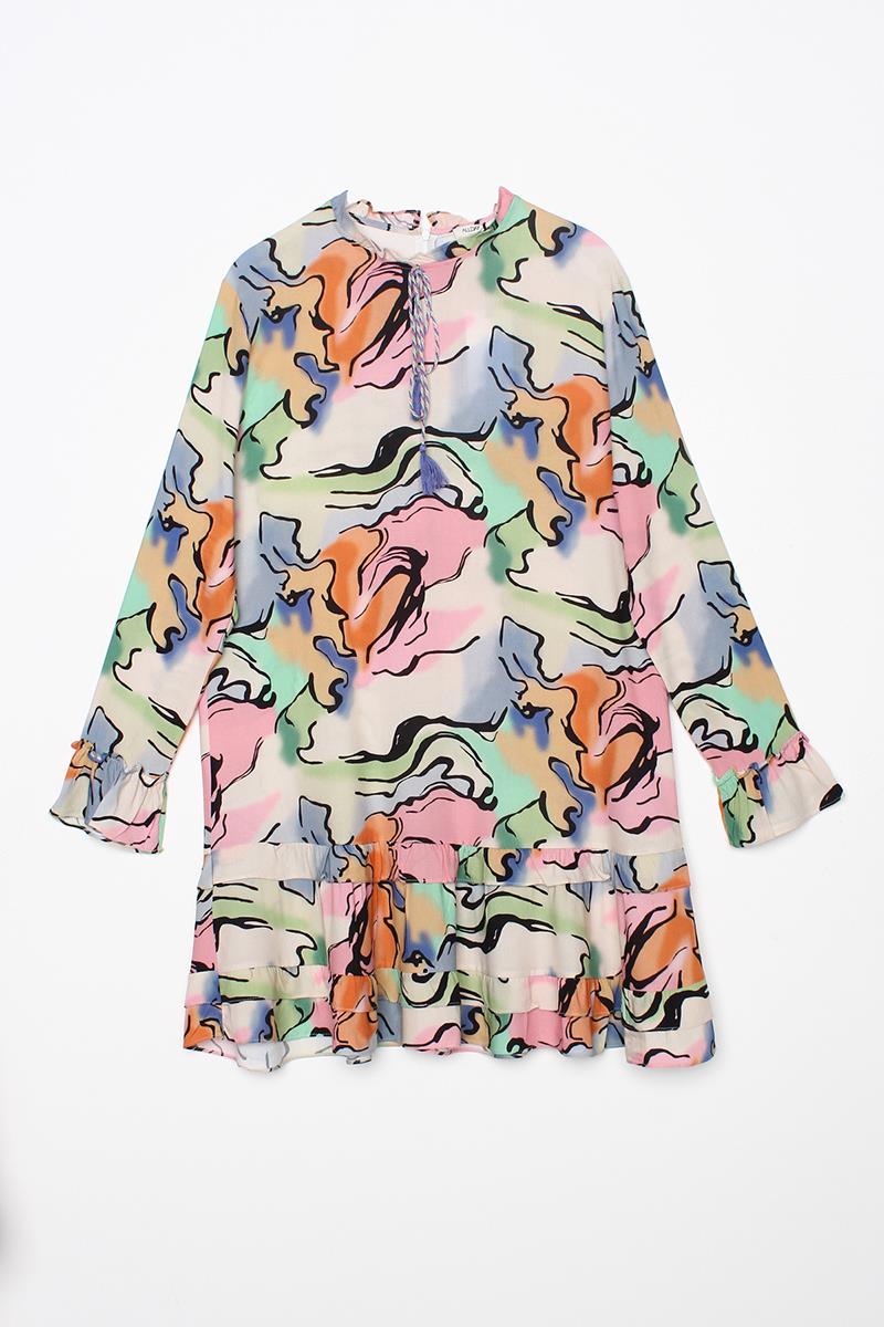 Tunique en Viscose à Motif Beige-Rose Clair avec Manches à Col Froufrou et Fermeture à Glissière sur la Jupe