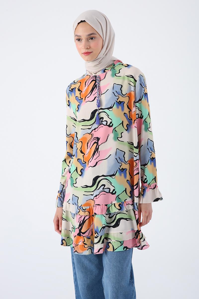 Tunique en Viscose à Motif Beige-Rose Clair avec Manches à Col Froufrou et Fermeture à Glissière sur la Jupe