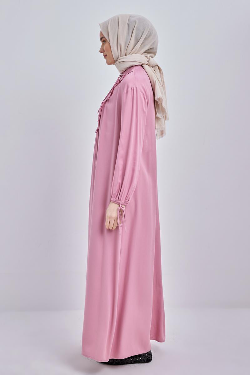 Light Rose-Collar and Frilly Robe Zipper Closure Viscose Dress