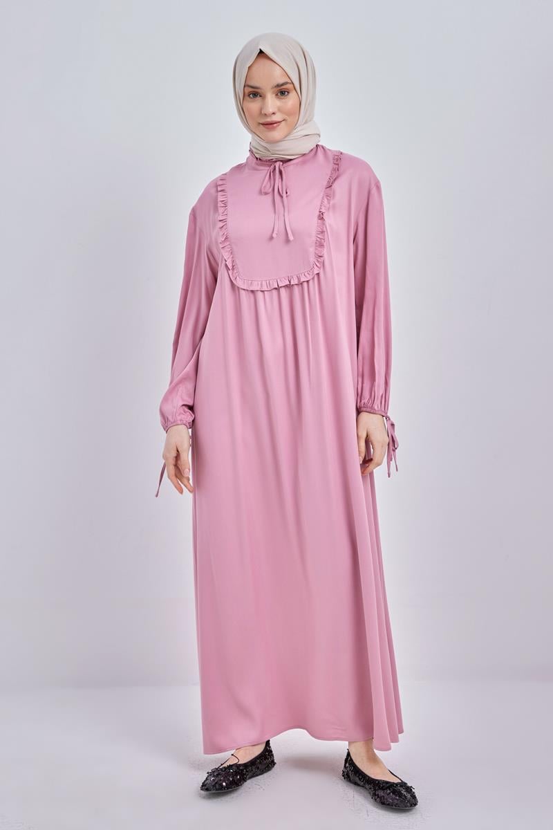 Light Rose-Collar and Frilly Robe Zipper Closure Viscose Dress