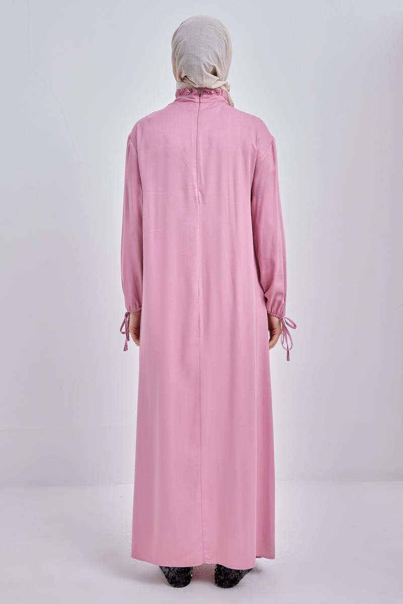 Light Rose-Collar and Frilly Robe Zipper Closure Viscose Dress