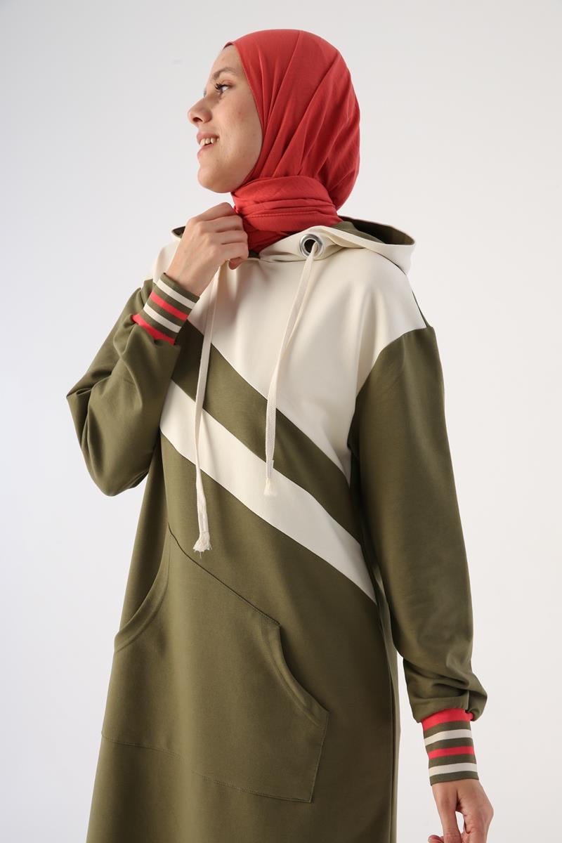 Açık Haki-İki Renkli Kapüşonlu Sweat Tunik