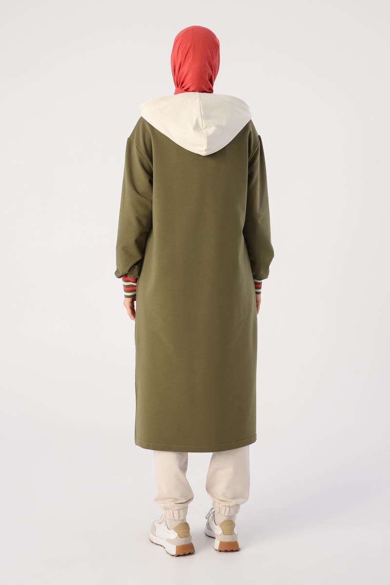 Açık Haki-İki Renkli Kapüşonlu Sweat Tunik