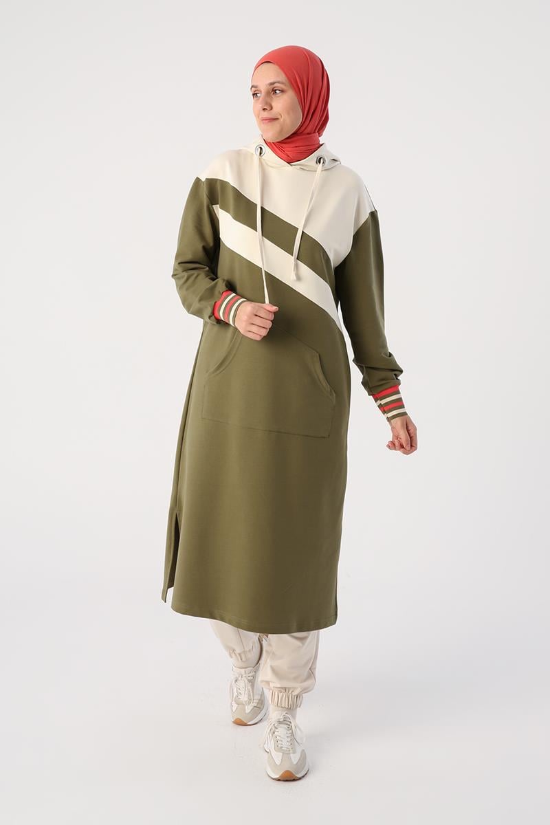 Açık Haki-İki Renkli Kapüşonlu Sweat Tunik