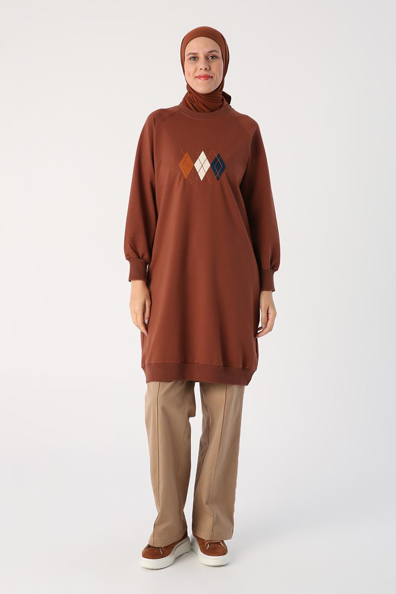 Açık Kahve-Baklava Aplike Nakışlı Sweat Tunik