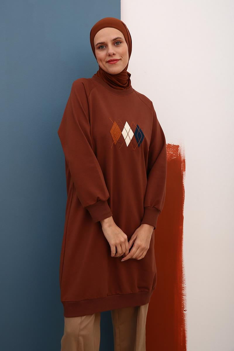 Açık Kahve-Baklava Aplike Nakışlı Sweat Tunik