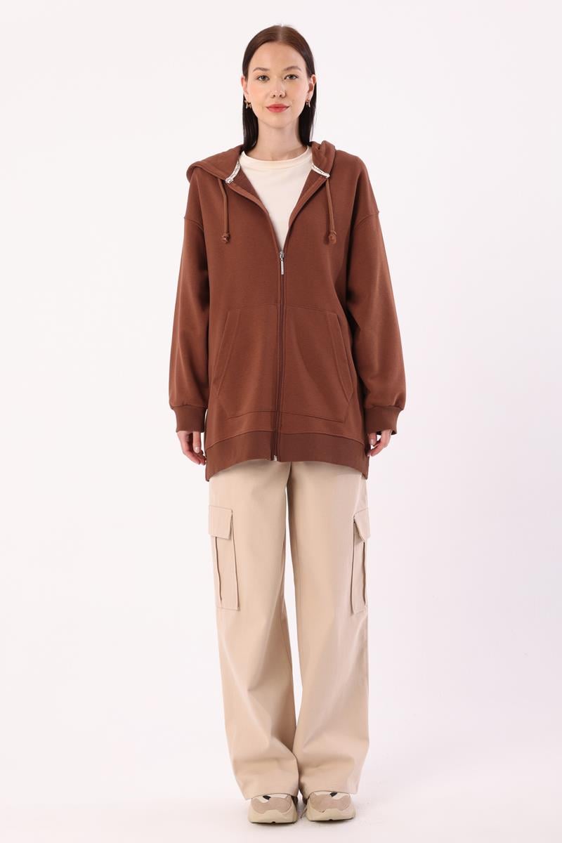 Cardigan sweat oversize marron clair avec poche kangourou