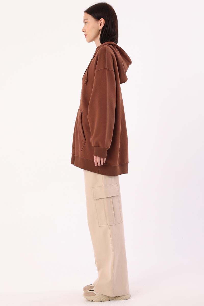 Cardigan sweat oversize marron clair avec poche kangourou