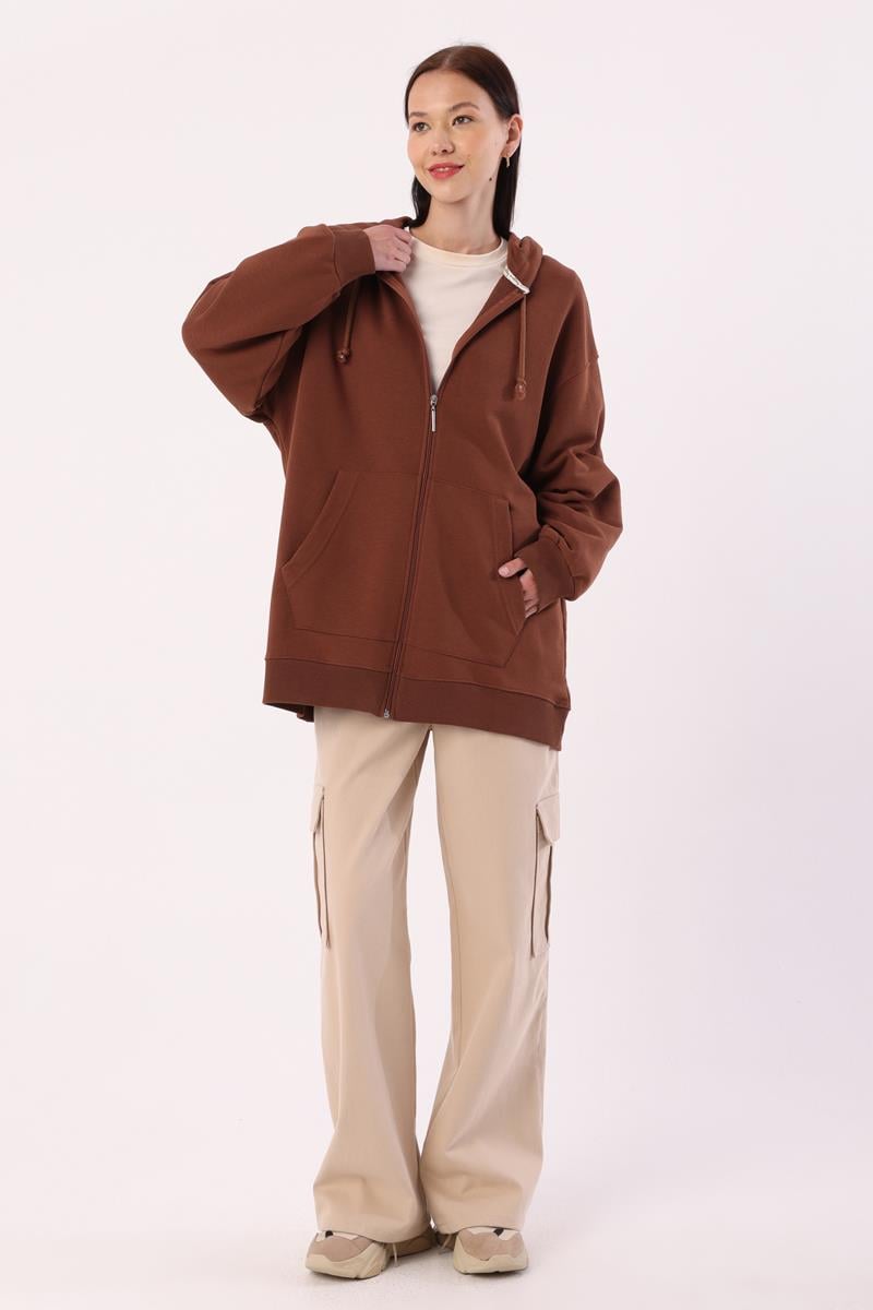 Cardigan sweat oversize marron clair avec poche kangourou