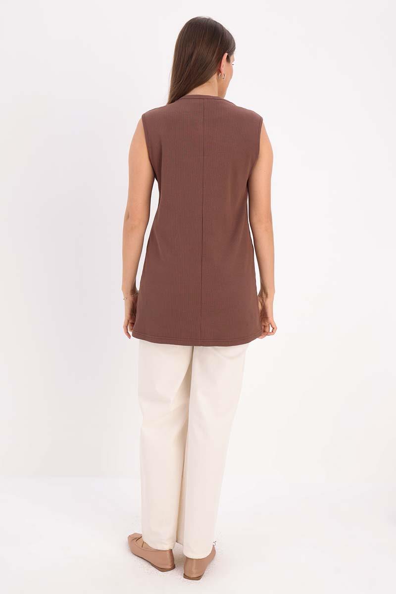 Light Brown-Cotton Corded Sleeveless T-Shirt