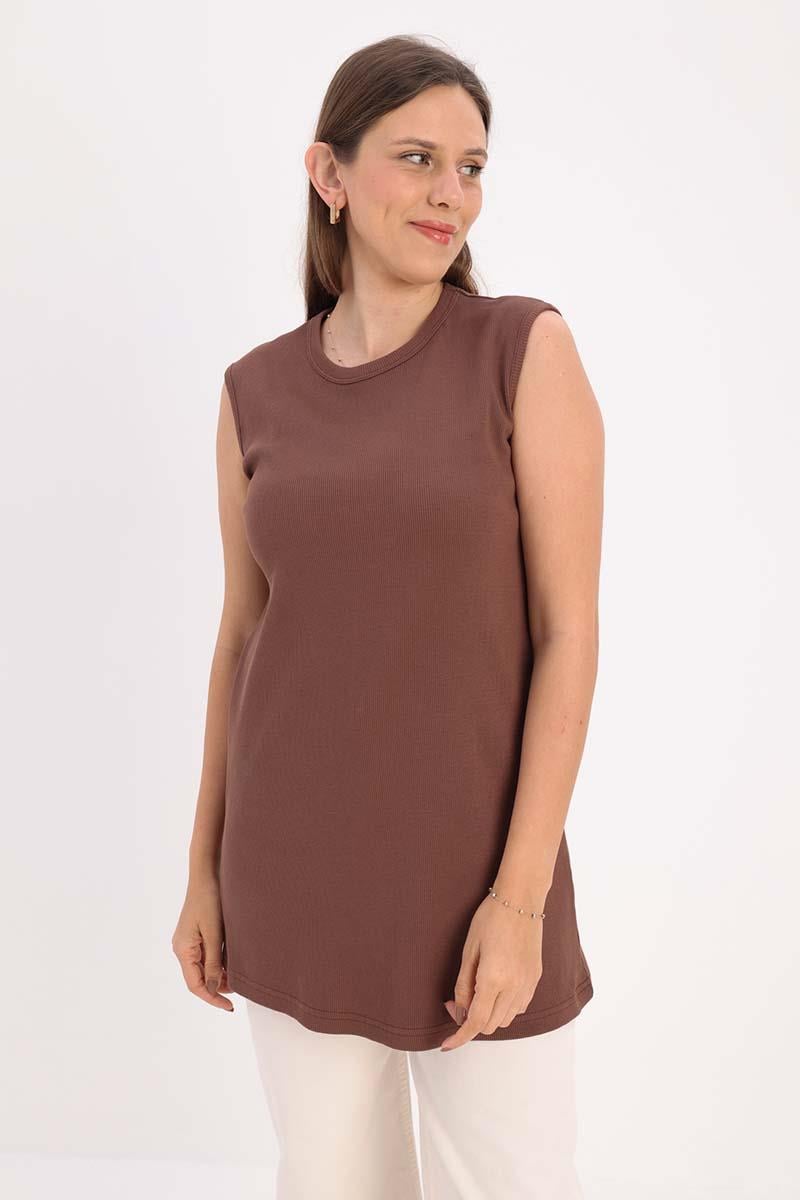 Light Brown-Cotton Corded Sleeveless T-Shirt