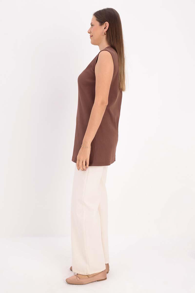 Light Brown-Cotton Corded Sleeveless T-Shirt