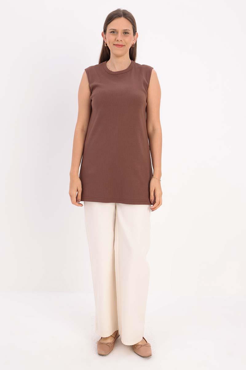 Light Brown-Cotton Corded Sleeveless T-Shirt