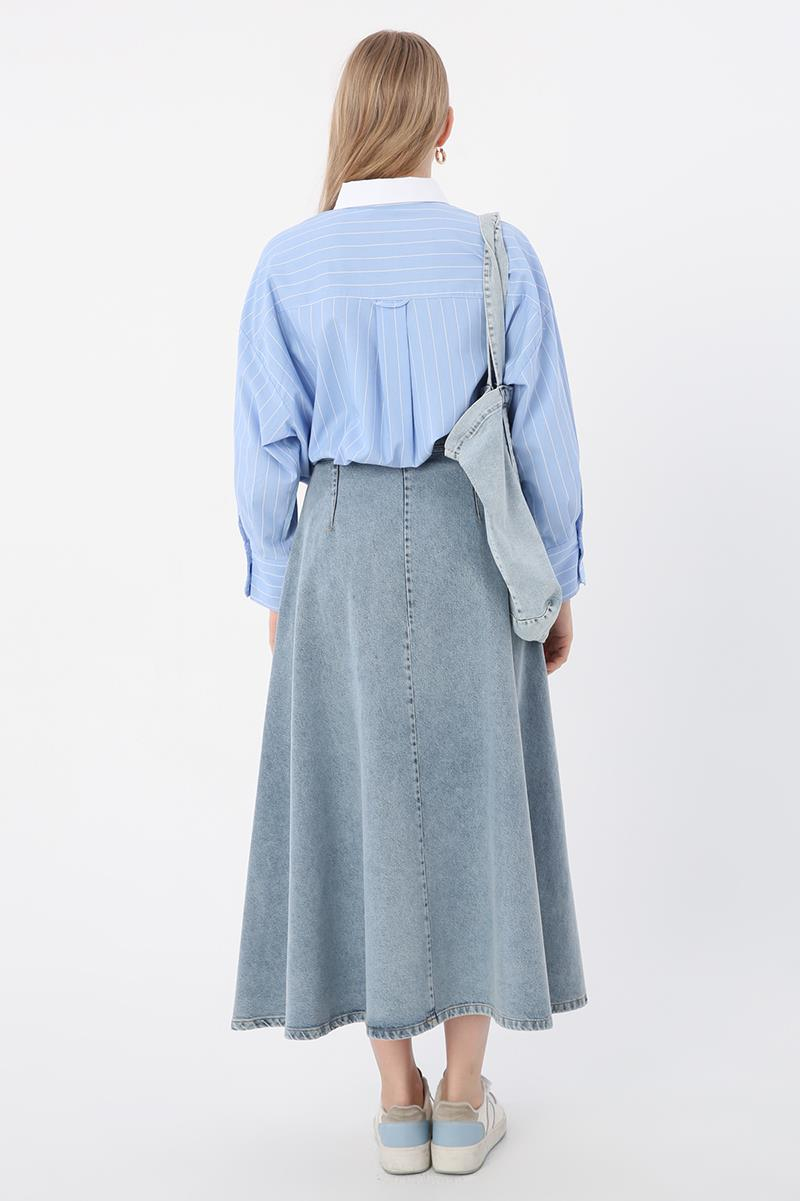 Açık Mavi-%100 Pamuk Fermuarlı Kloş Denim Etek