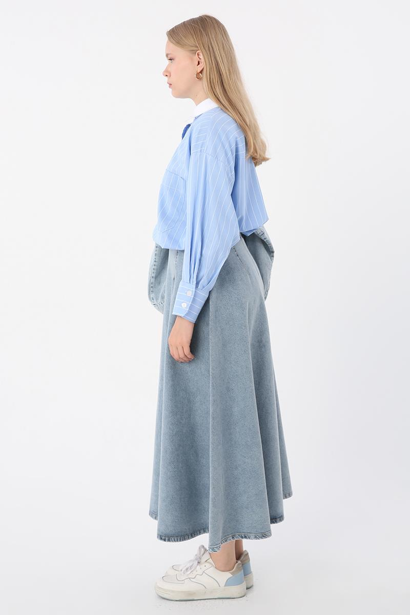 Açık Mavi-%100 Pamuk Fermuarlı Kloş Denim Etek