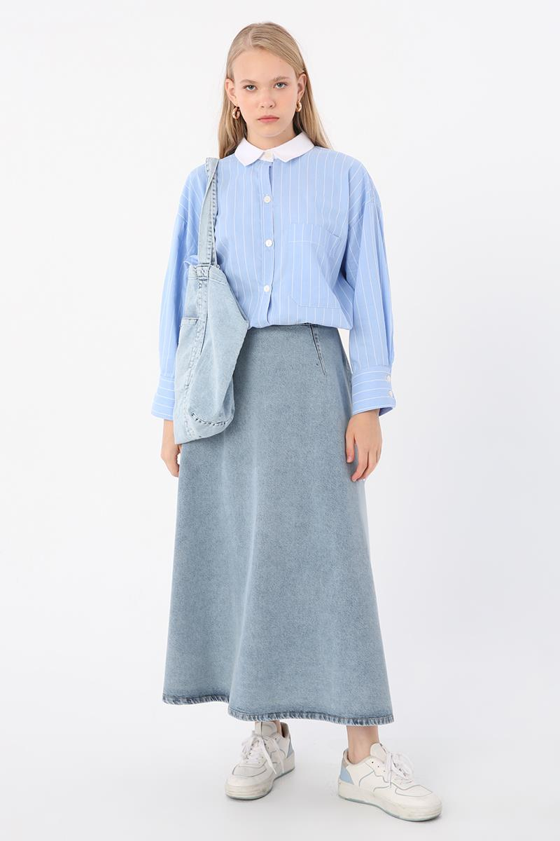 Açık Mavi-%100 Pamuk Fermuarlı Kloş Denim Etek