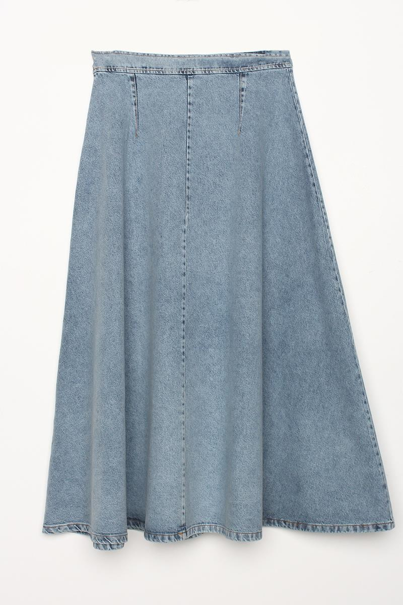 Açık Mavi-%100 Pamuk Fermuarlı Kloş Denim Etek