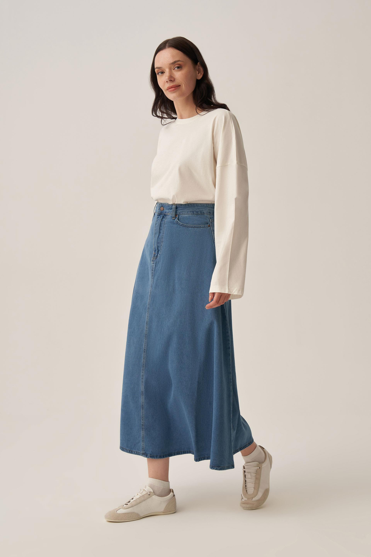Light Blue-5 Pocket Flared Denim Skirt