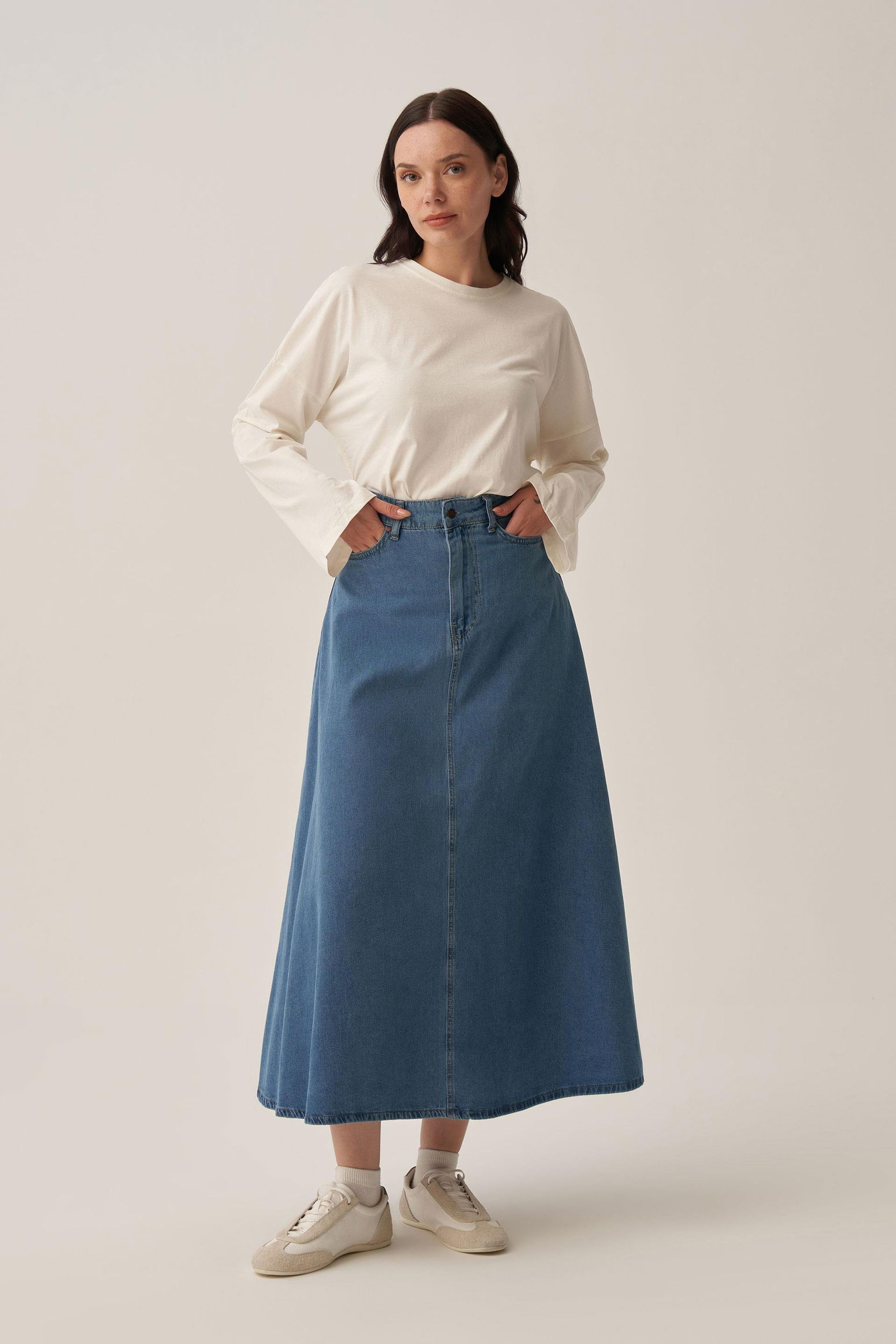 Light Blue-5 Pocket Flared Denim Skirt
