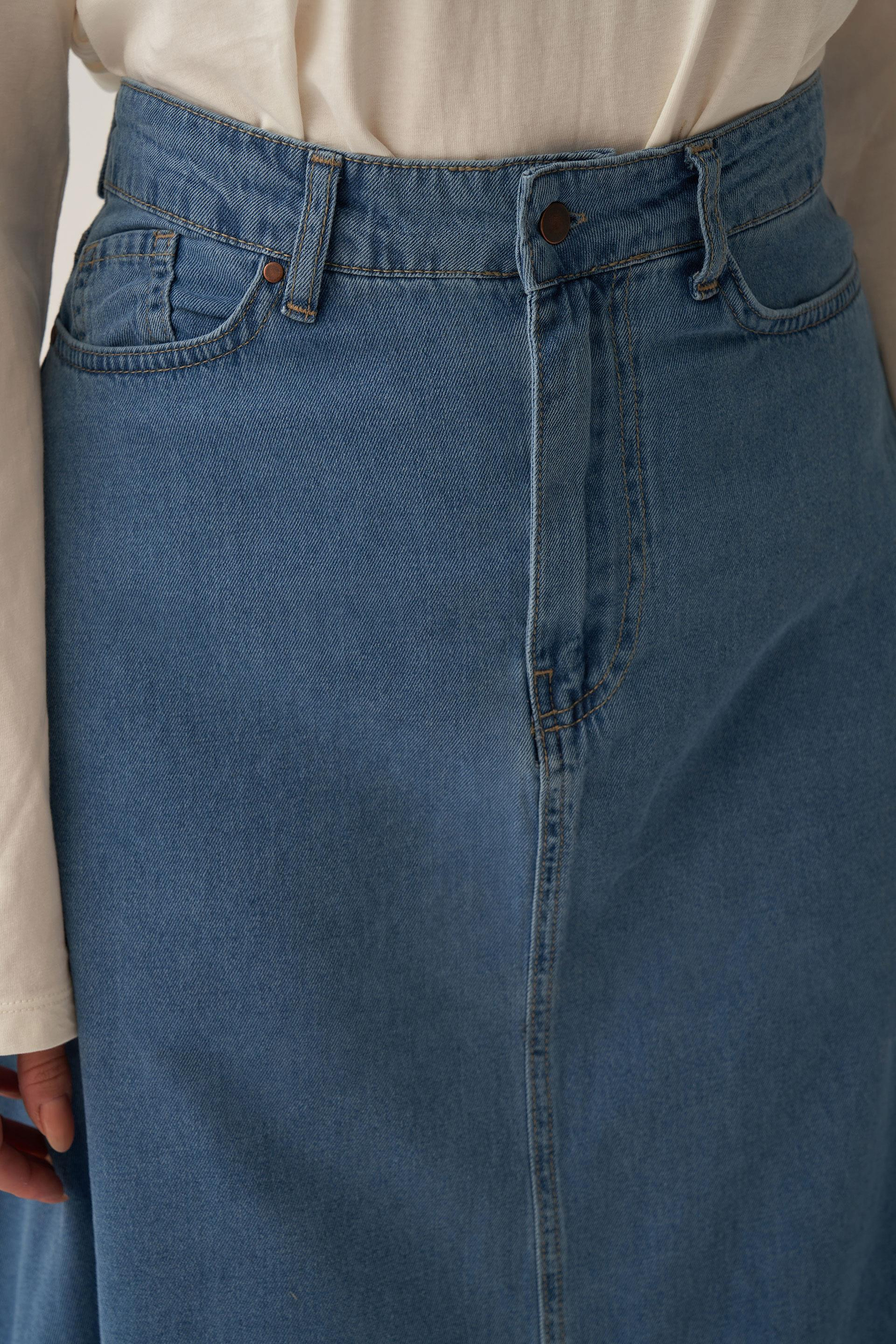 Light Blue-5 Pocket Flared Denim Skirt