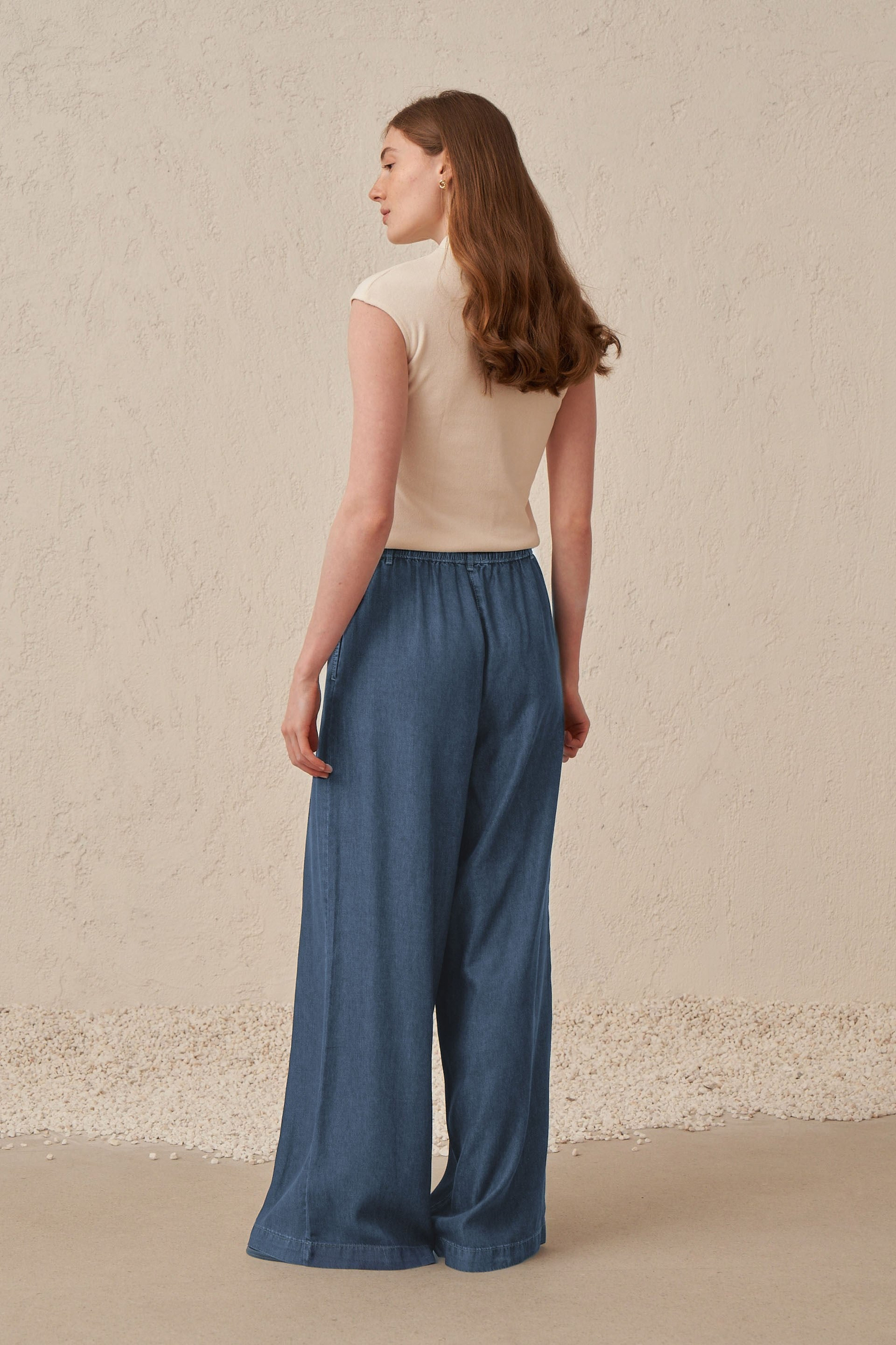 Açık Mavi-Beli Lastikli Denim Pantolon