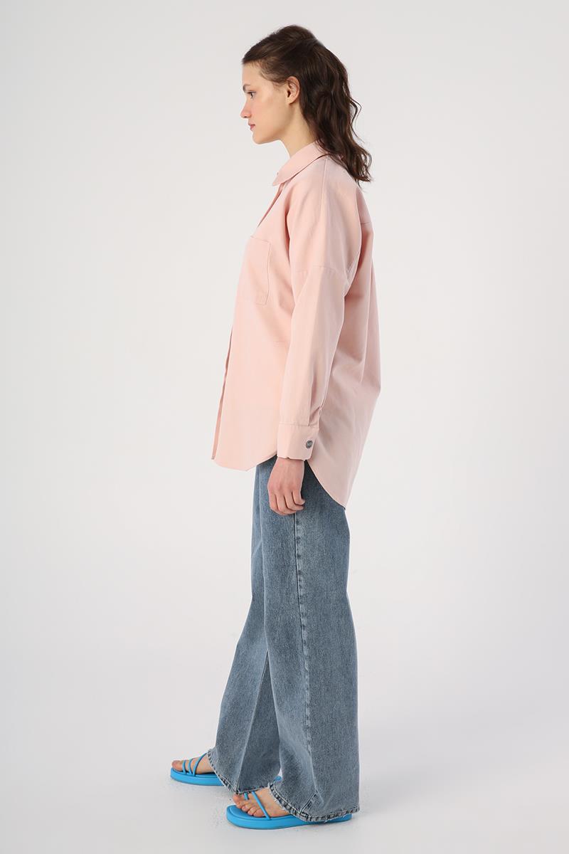 Açık Pembe-%100 Pamuk Oversize Cepli Gömlek Tunik