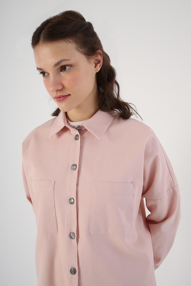Açık Pembe-%100 Pamuk Oversize Cepli Gömlek Tunik