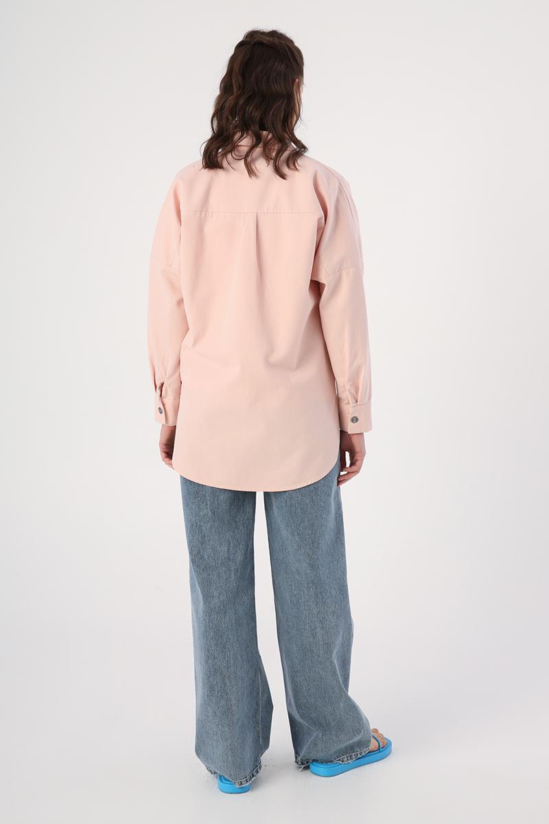 Açık Pembe-%100 Pamuk Oversize Cepli Gömlek Tunik