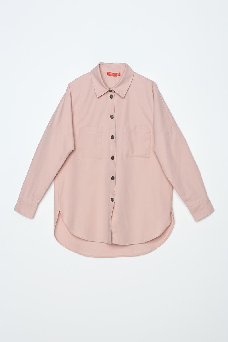 Açık Pembe-%100 Pamuk Oversize Cepli Gömlek Tunik