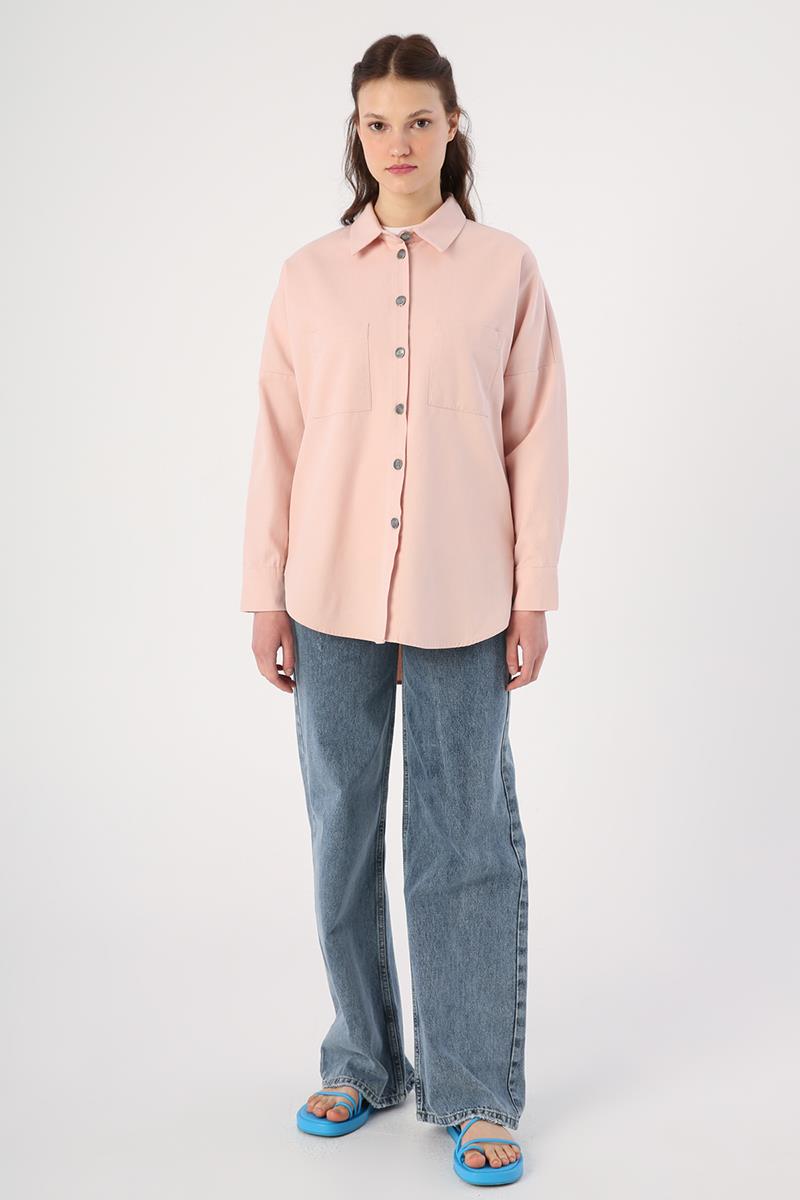 Açık Pembe-%100 Pamuk Oversize Cepli Gömlek Tunik
