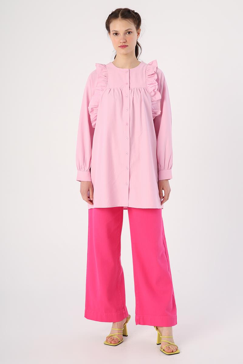 Açık Pembe-Fırfır Detaylı Pamuklu Bisiklet Yaka Gömlek Tunik