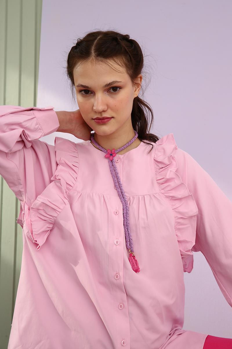 Açık Pembe-Fırfır Detaylı Pamuklu Bisiklet Yaka Gömlek Tunik