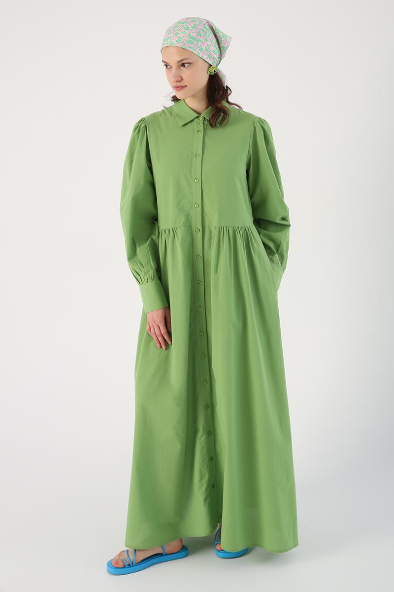 Robe chemise froncée vert clair 100 % coton