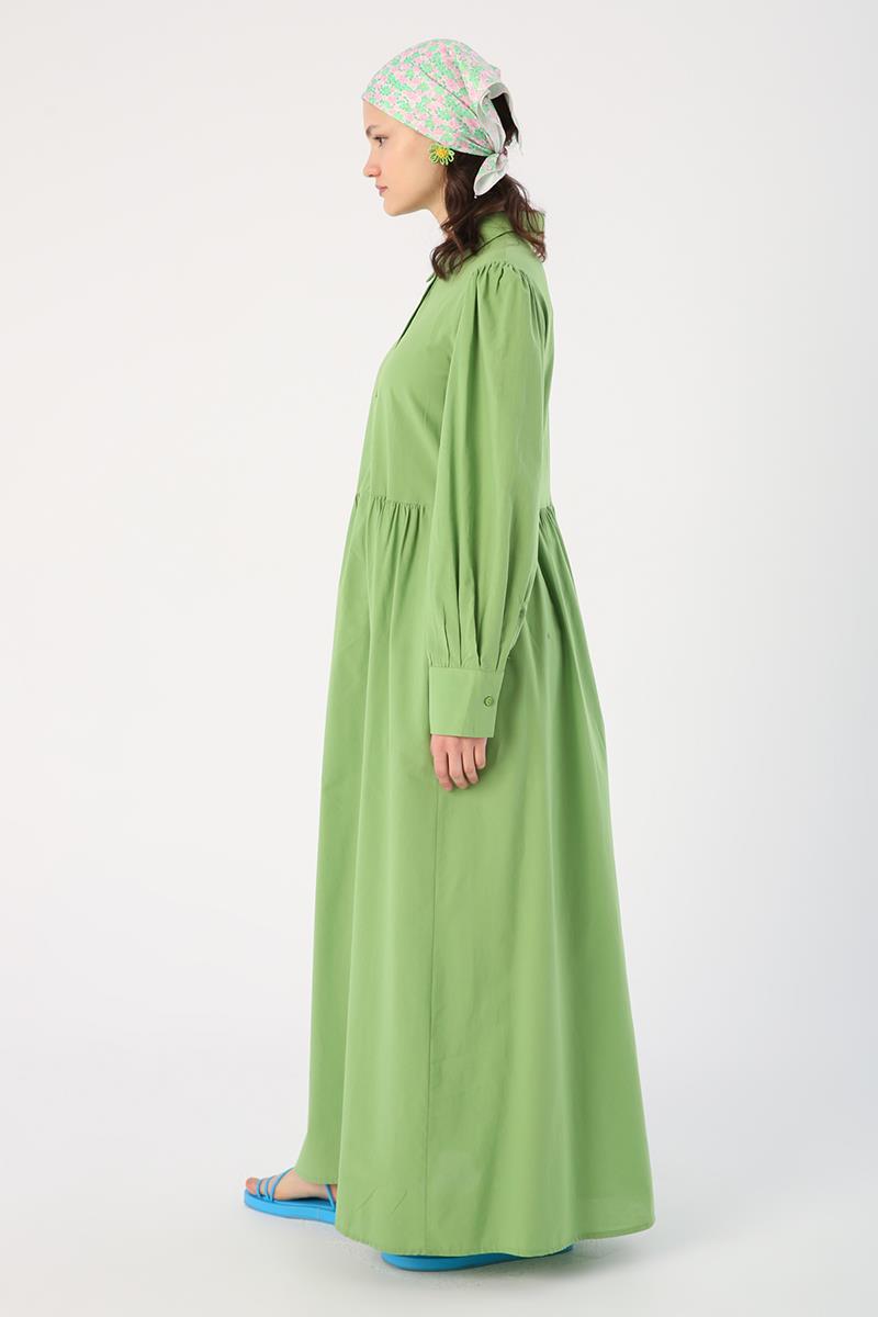 Robe chemise froncée vert clair 100 % coton