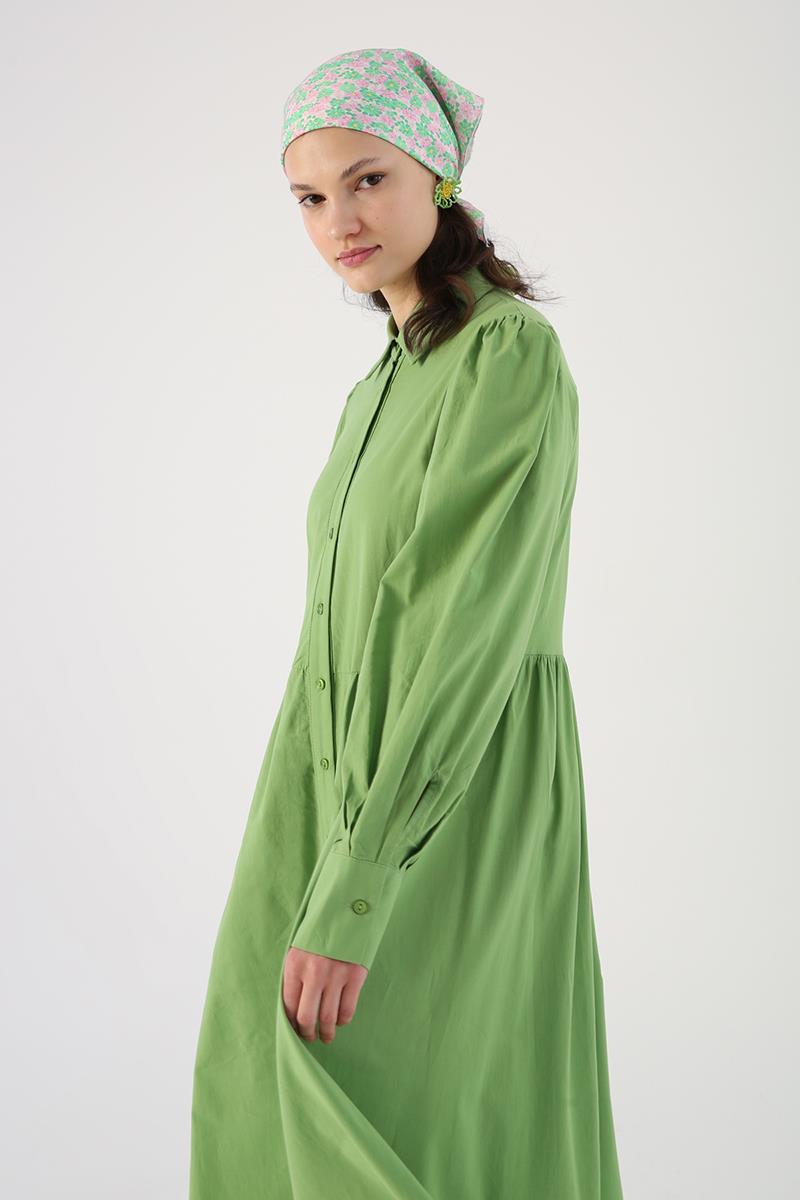 Robe chemise froncée vert clair 100 % coton