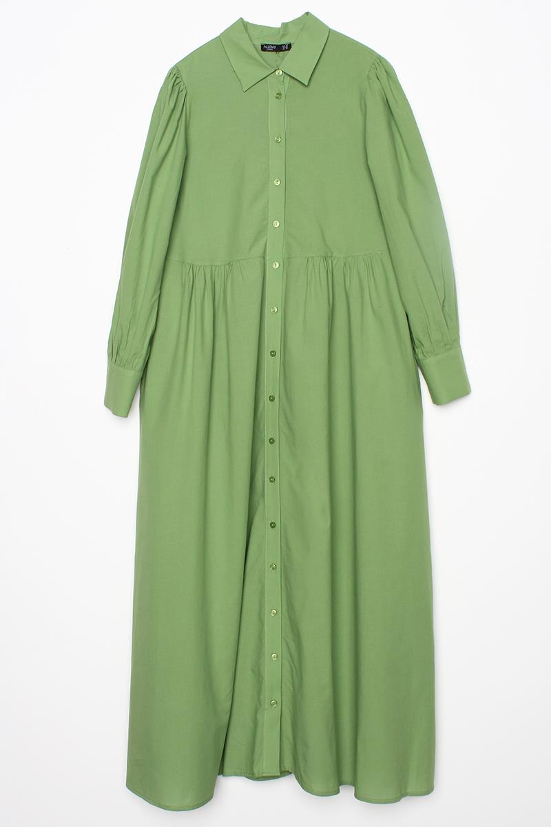 Robe chemise froncée vert clair 100 % coton