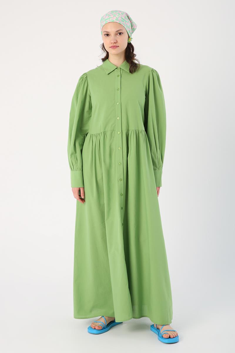 Robe chemise froncée vert clair 100 % coton