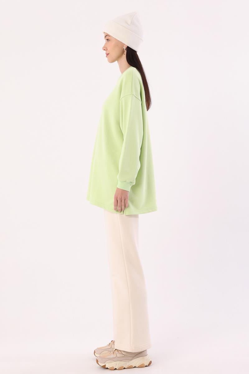 Açık Yeşil-Oversize Nakışlı Sweatshirt