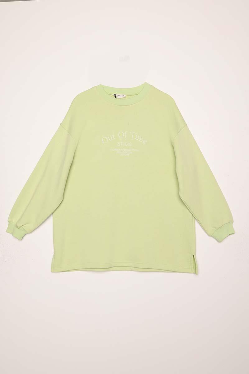 Açık Yeşil-Oversize Nakışlı Sweatshirt